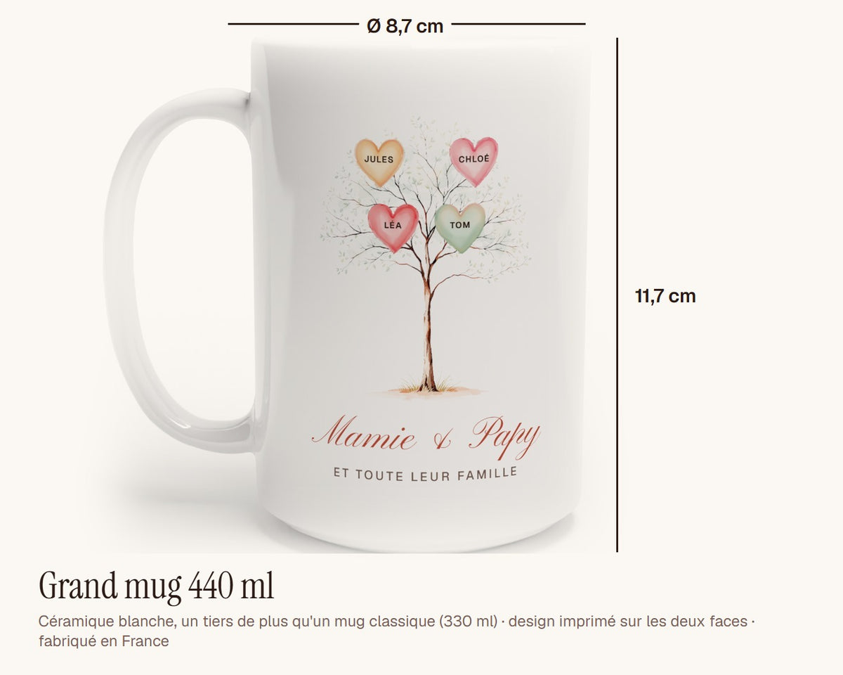 Mug arbre de famille personnalisé « Mamie & Papy » – grand mug 440 ml, 11,7 cm de haut