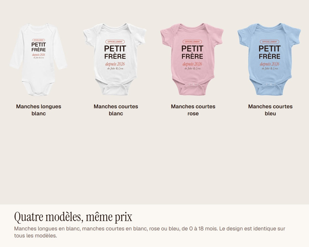 Body « Petit frère » personnalisé avec les prénoms – les quatre modèles : manches longues blanc, manches courtes blanc, rose et bleu