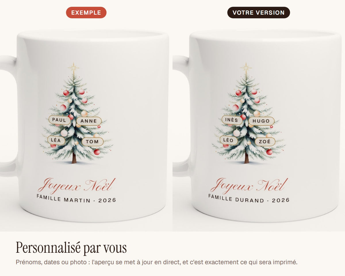 Mug sapin de Noël personnalisé avec les prénoms de la famille – exemple de personnalisation