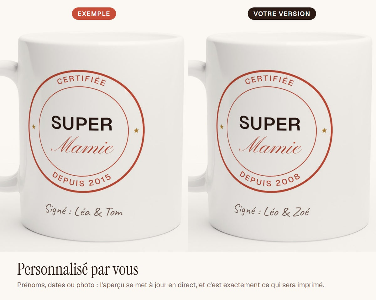 Mug « Super Mamie certifiée » personnalisé – exemple de personnalisation