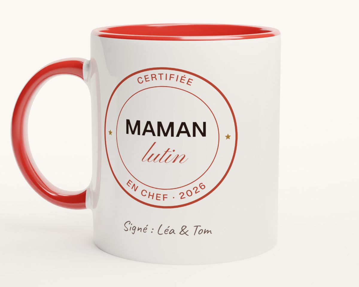 Mug « Maman lutin en chef » personnalisé – intérieur et anse rouges