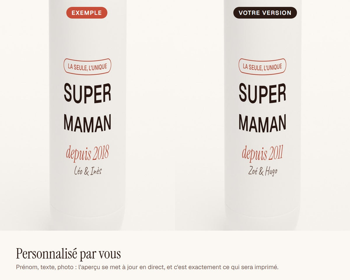 Gourde « Super Maman » personnalisée avec les prénoms – exemple de personnalisation