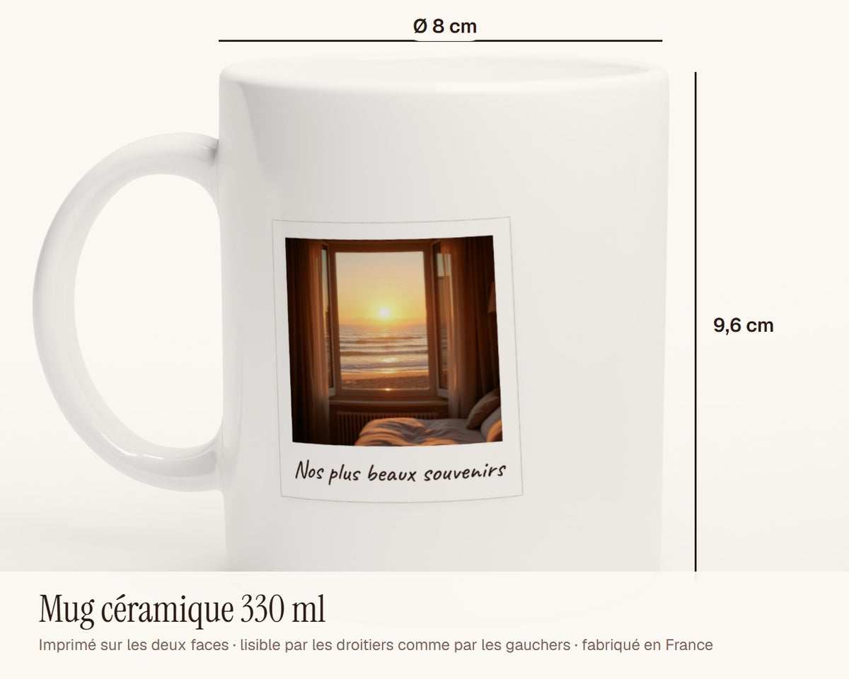 Mug photo polaroid personnalisé avec légende – dimensions : 9,6 cm de haut, 8 cm de diamètre, 330 ml