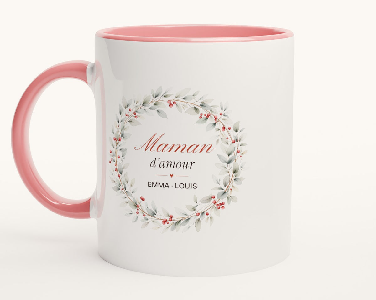 Mug personnalisé « Maman d'amour » avec les prénoms – intérieur et anse roses