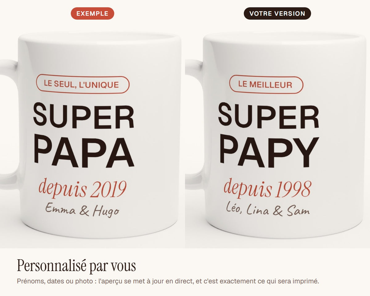 Mug personnalisé « Super Papa » avec l'année et les prénoms – exemple de personnalisation