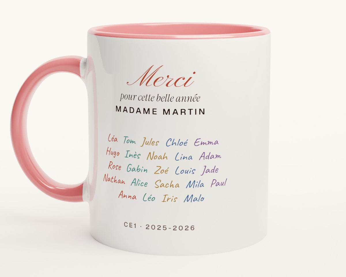Mug « Merci » avec les prénoms de toute la classe – intérieur et anse roses