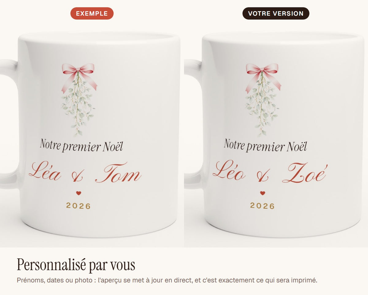 Mug « Notre premier Noël » en amoureux personnalisé – exemple de personnalisation