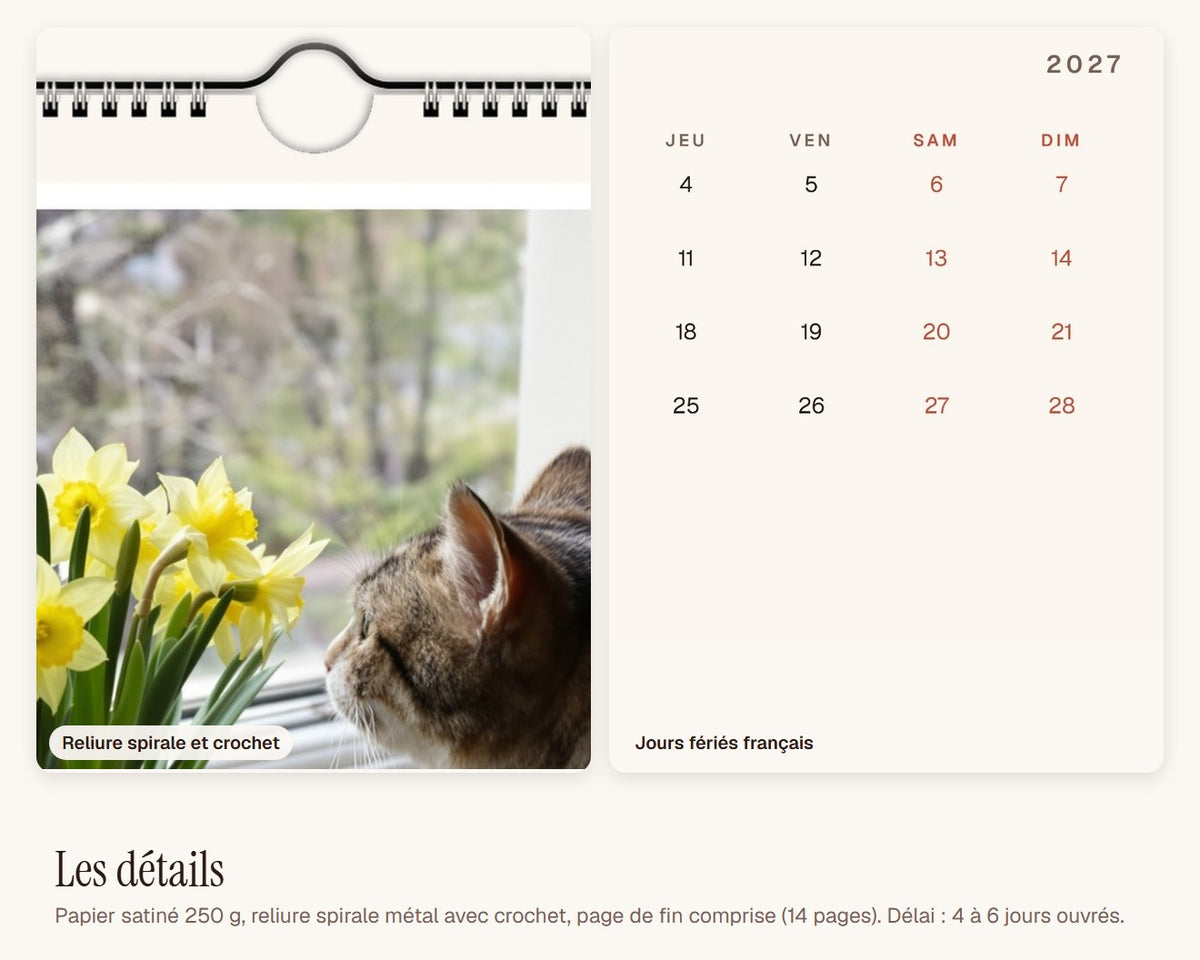 Calendrier photo 2027 de votre chat – reliure spirale, crochet et grille du mois