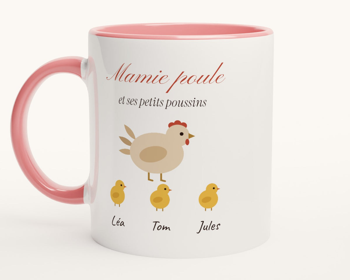 Mug « Mamie poule » personnalisé avec les prénoms des poussins – intérieur et anse roses