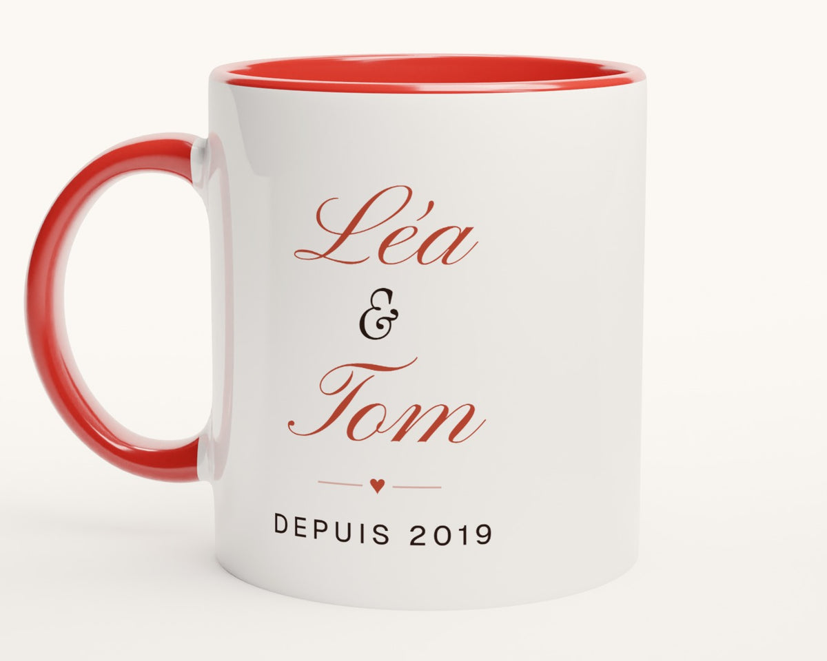 Mug personnalisé couple avec vos deux prénoms – intérieur et anse rouges