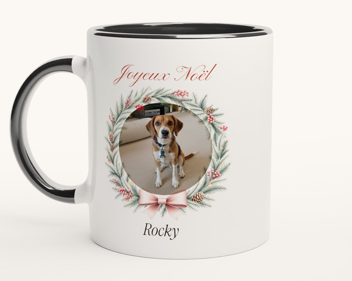 Mug de Noël avec la photo de votre chien – intérieur et anse noirs