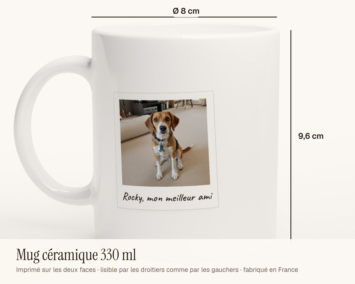 Mug personnalisé avec la photo de votre chien – dimensions : 9,6 cm de haut, 8 cm de diamètre, 330 ml