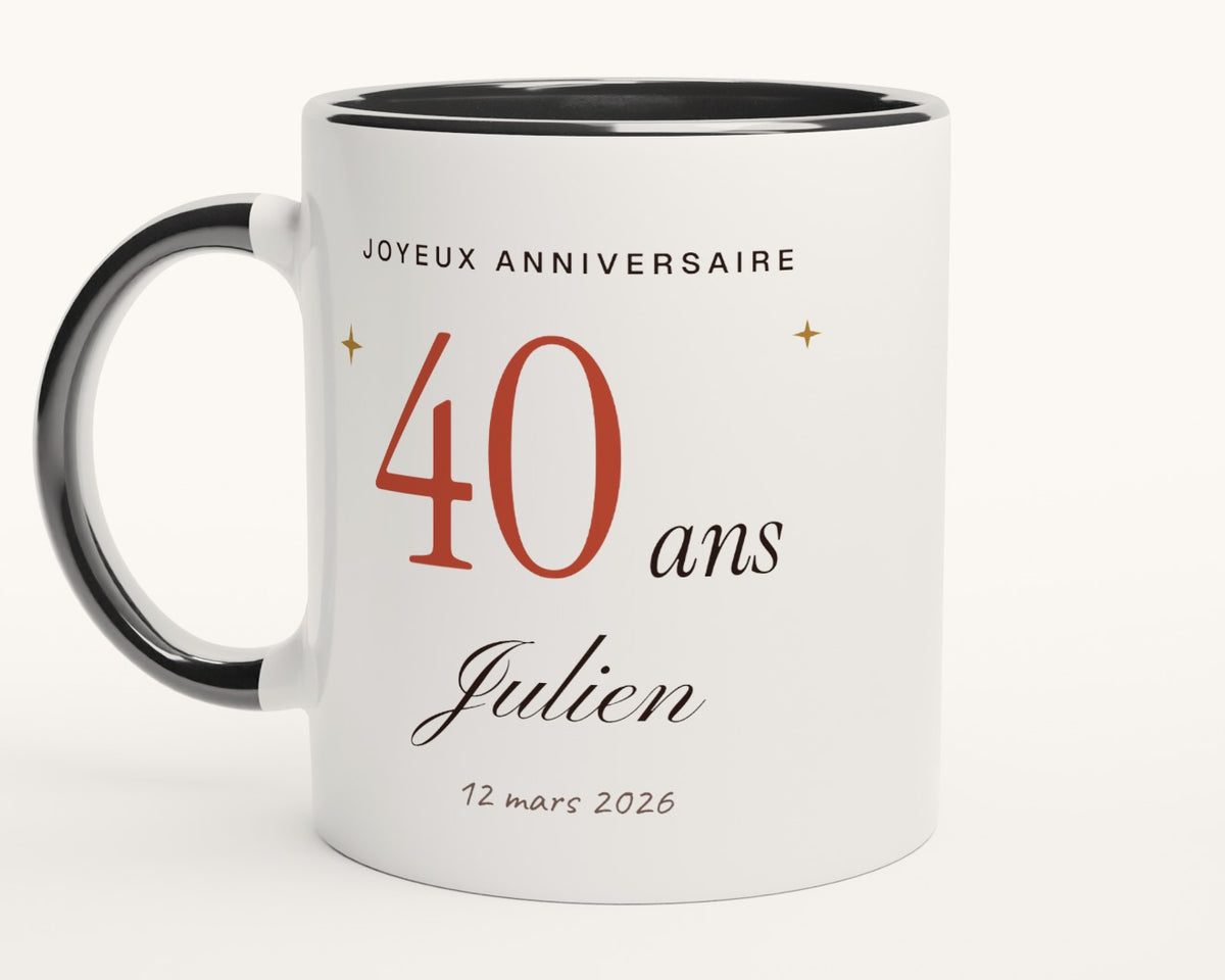 Mug personnalisé anniversaire avec l'âge et le prénom – intérieur et anse noirs