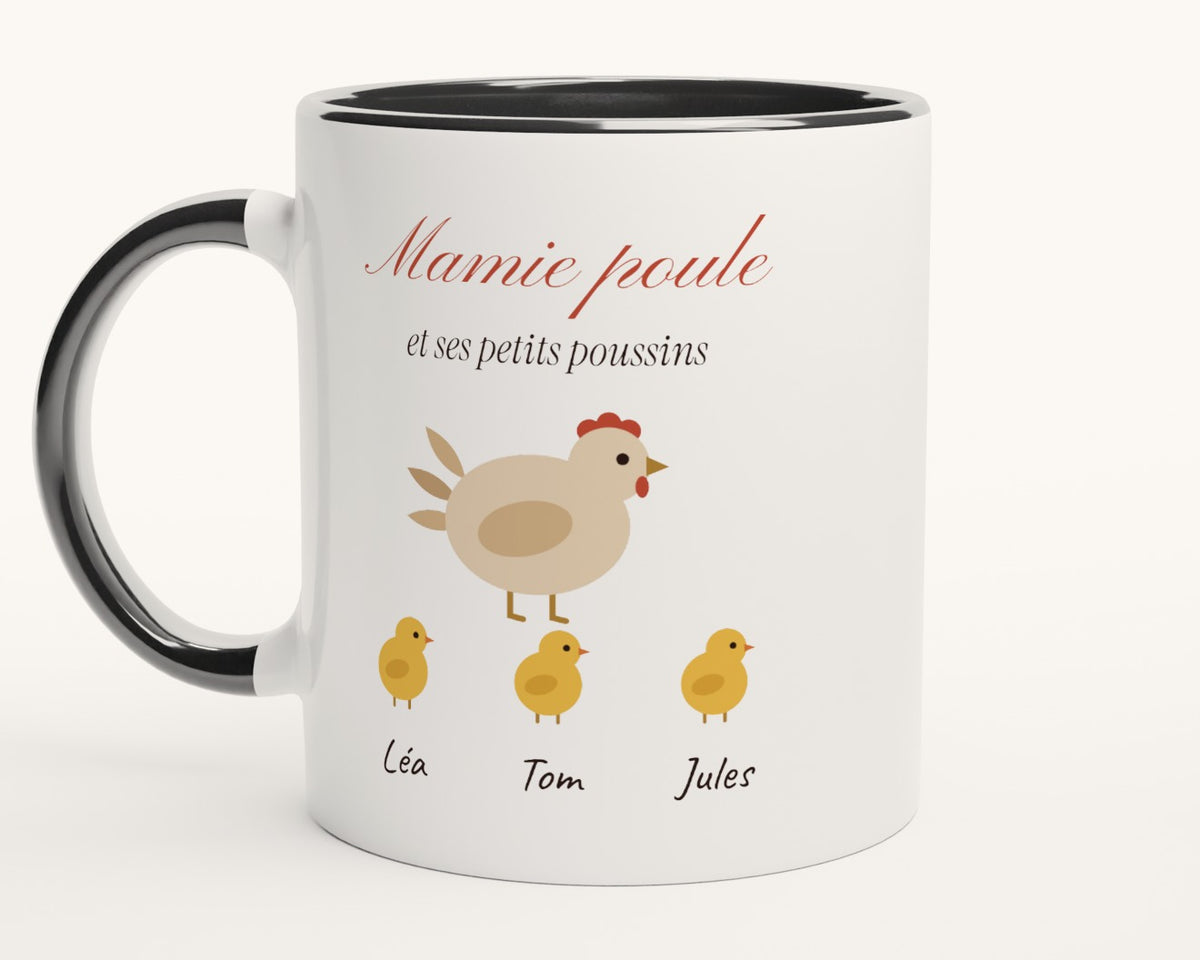 Mug « Mamie poule » personnalisé avec les prénoms des poussins – intérieur et anse noirs