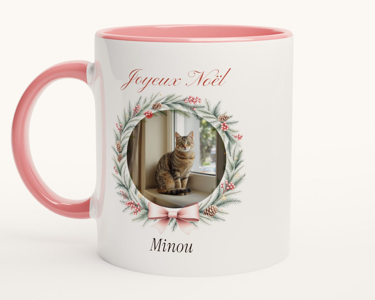 Mug de Noël avec la photo de votre chat – intérieur et anse roses