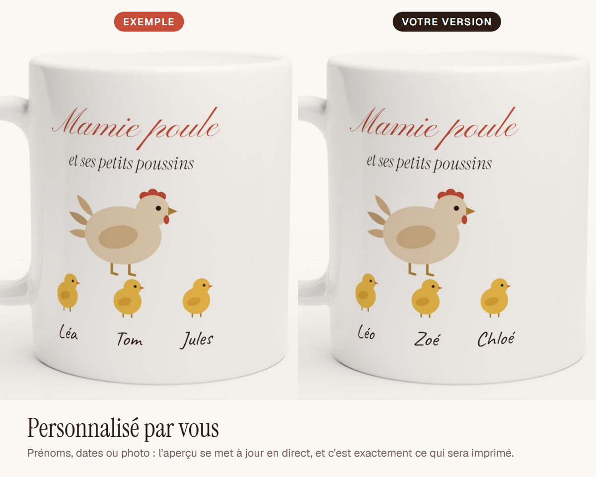 Mug « Mamie poule » personnalisé avec les prénoms des poussins – exemple de personnalisation