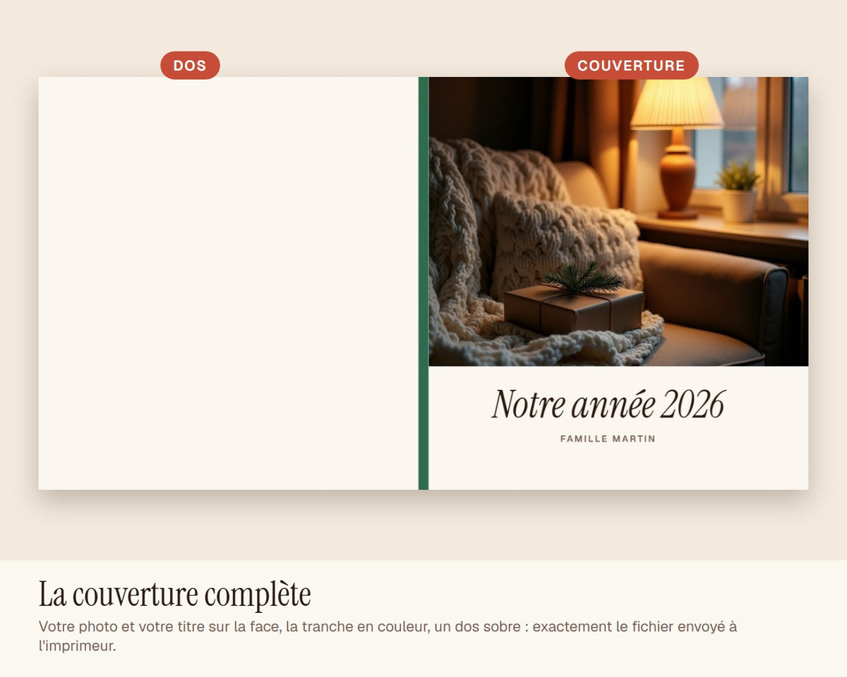 Livre photo « Notre année » de la famille – couverture à plat : dos, tranche et face