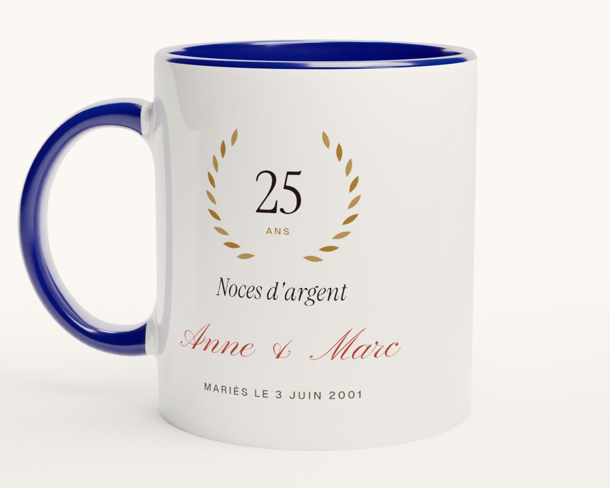 Mug anniversaire de mariage personnalisé (noces) – intérieur et anse bleus