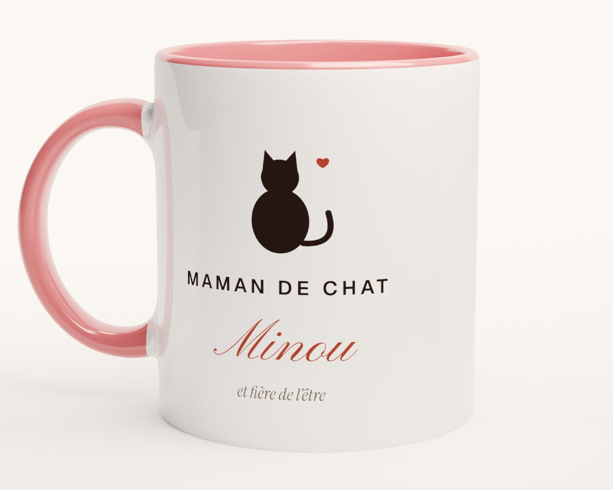 Mug « Maman de chat » personnalisé avec son nom – intérieur et anse roses