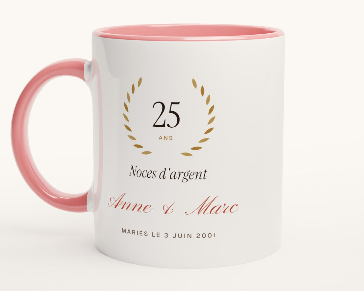 Mug anniversaire de mariage personnalisé (noces) – intérieur et anse roses