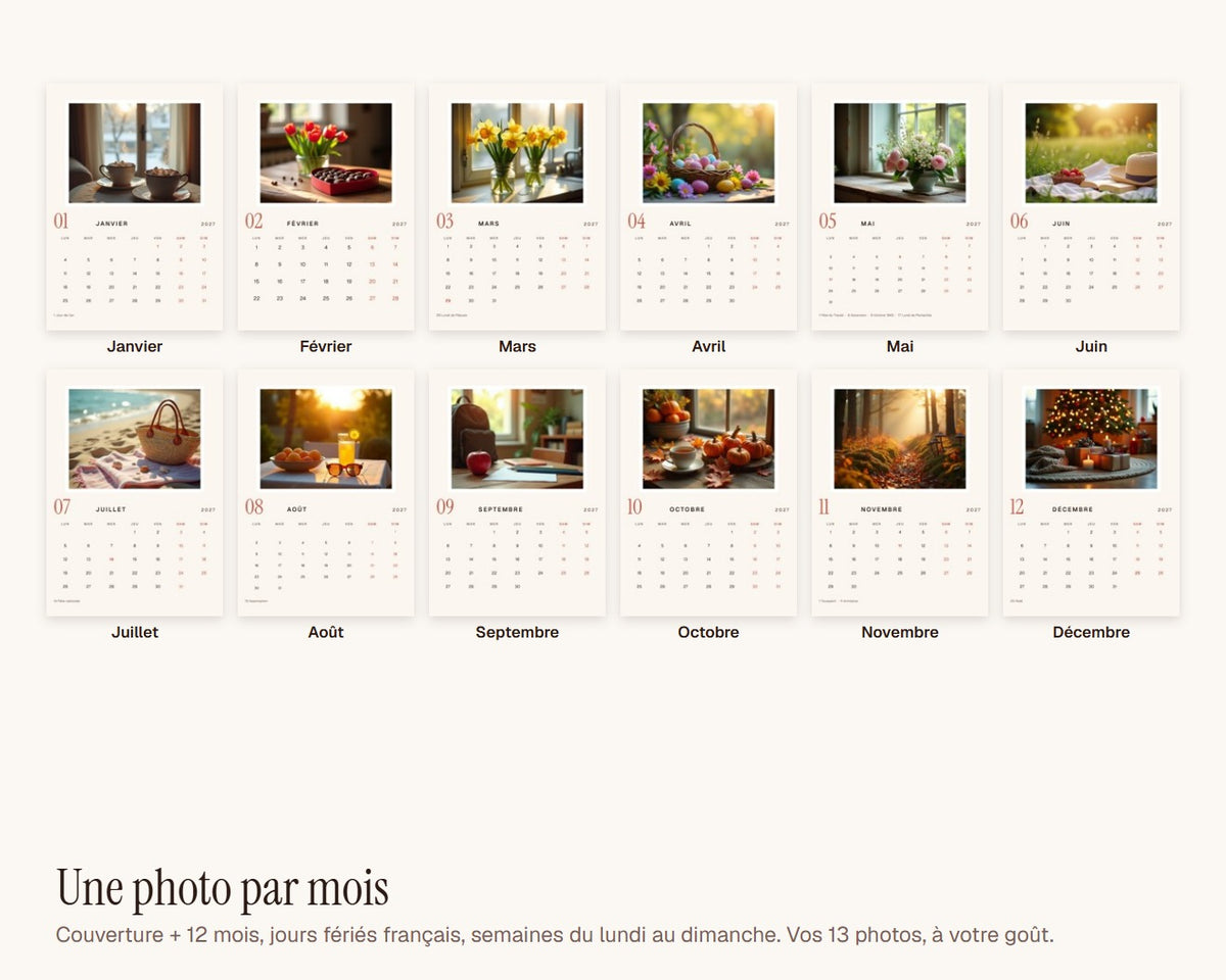 Calendrier photo 2027 minimaliste personnalisé – les douze mois