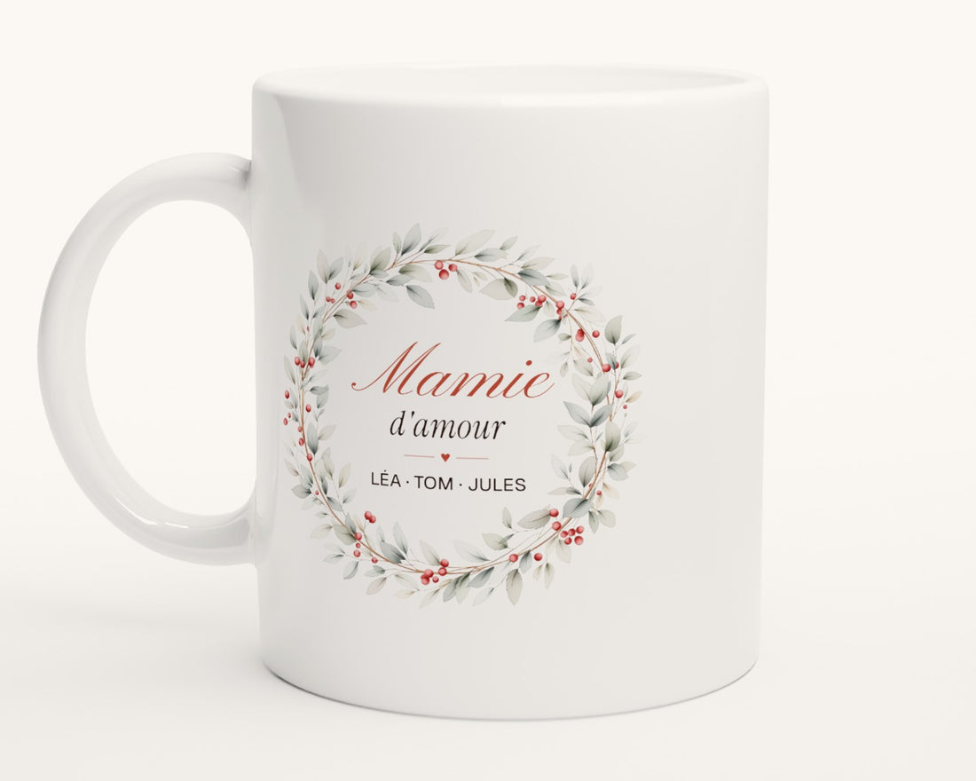 Mug personnalisé « Mamie d'amour » avec les prénoms – photo produit