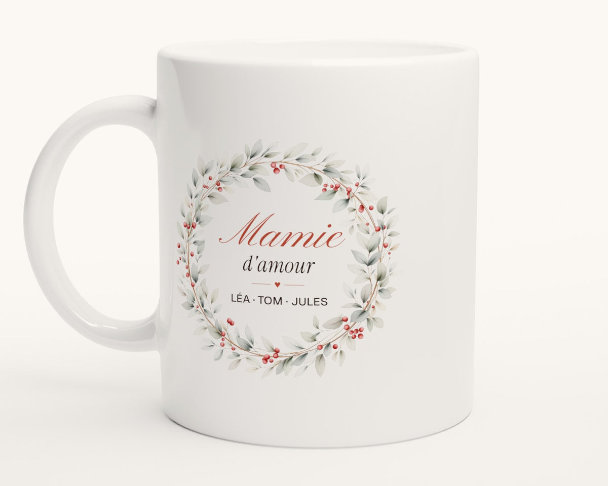 Mug personnalisé « Mamie d'amour » avec les prénoms – photo produit