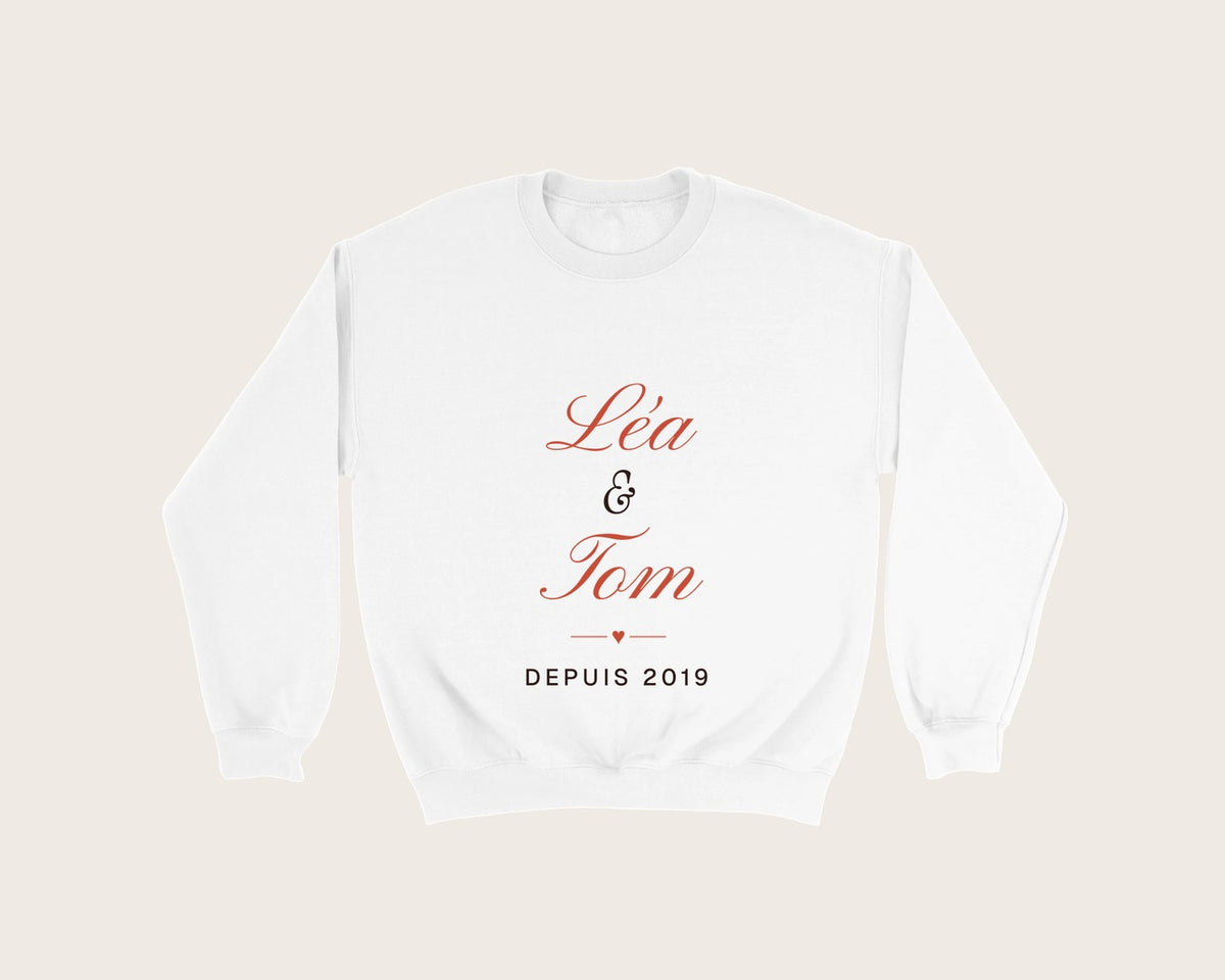 Sweat couple personnalisé avec vos prénoms – sweat col rond blanc