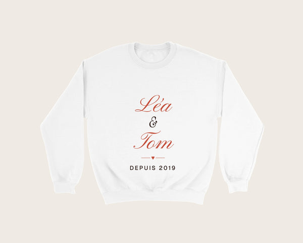 Sweat couple personnalisé avec vos prénoms – sweat col rond blanc