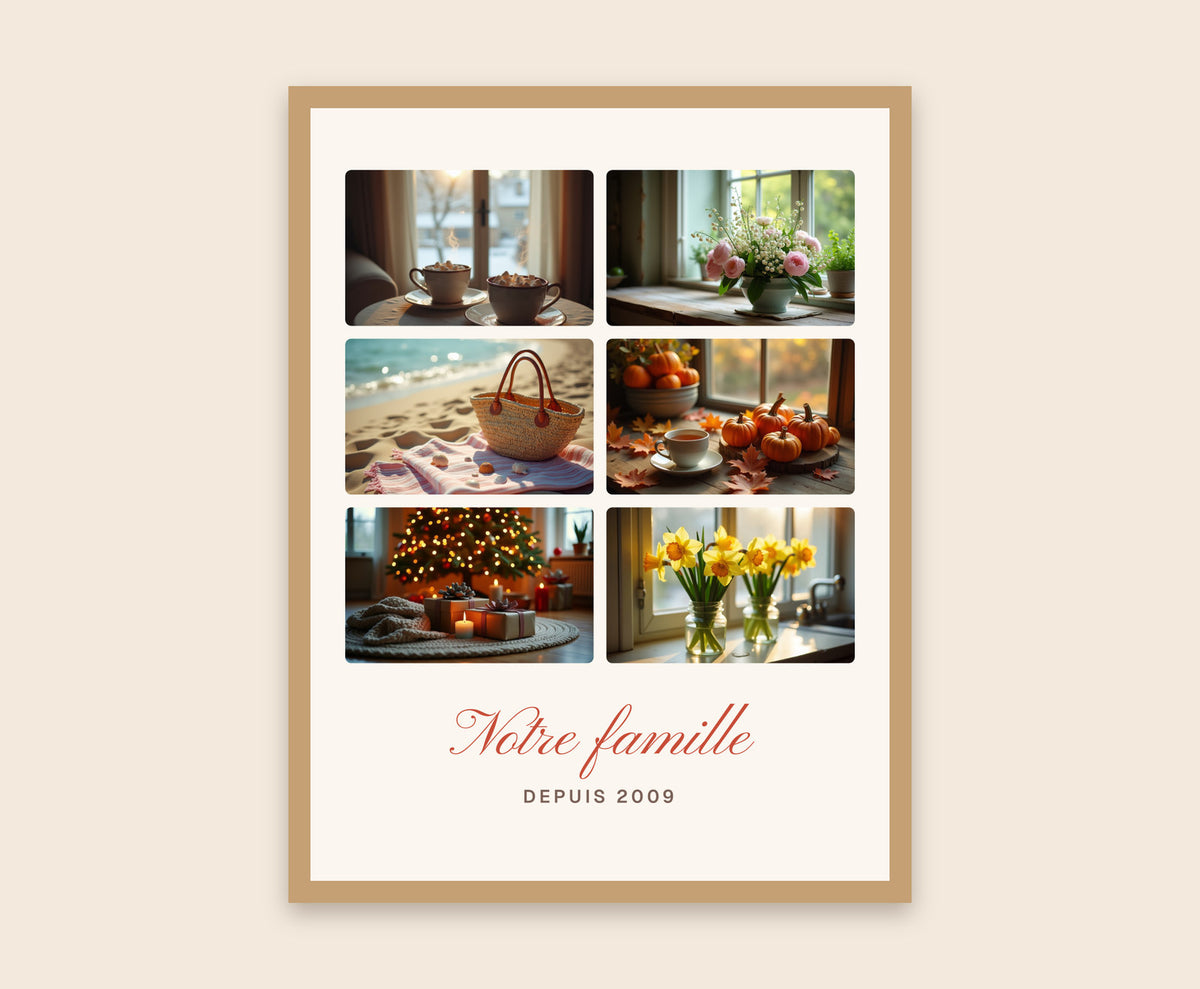 Affiche collage 6 photos personnalisée pour la famille – Affiche encadrée bois