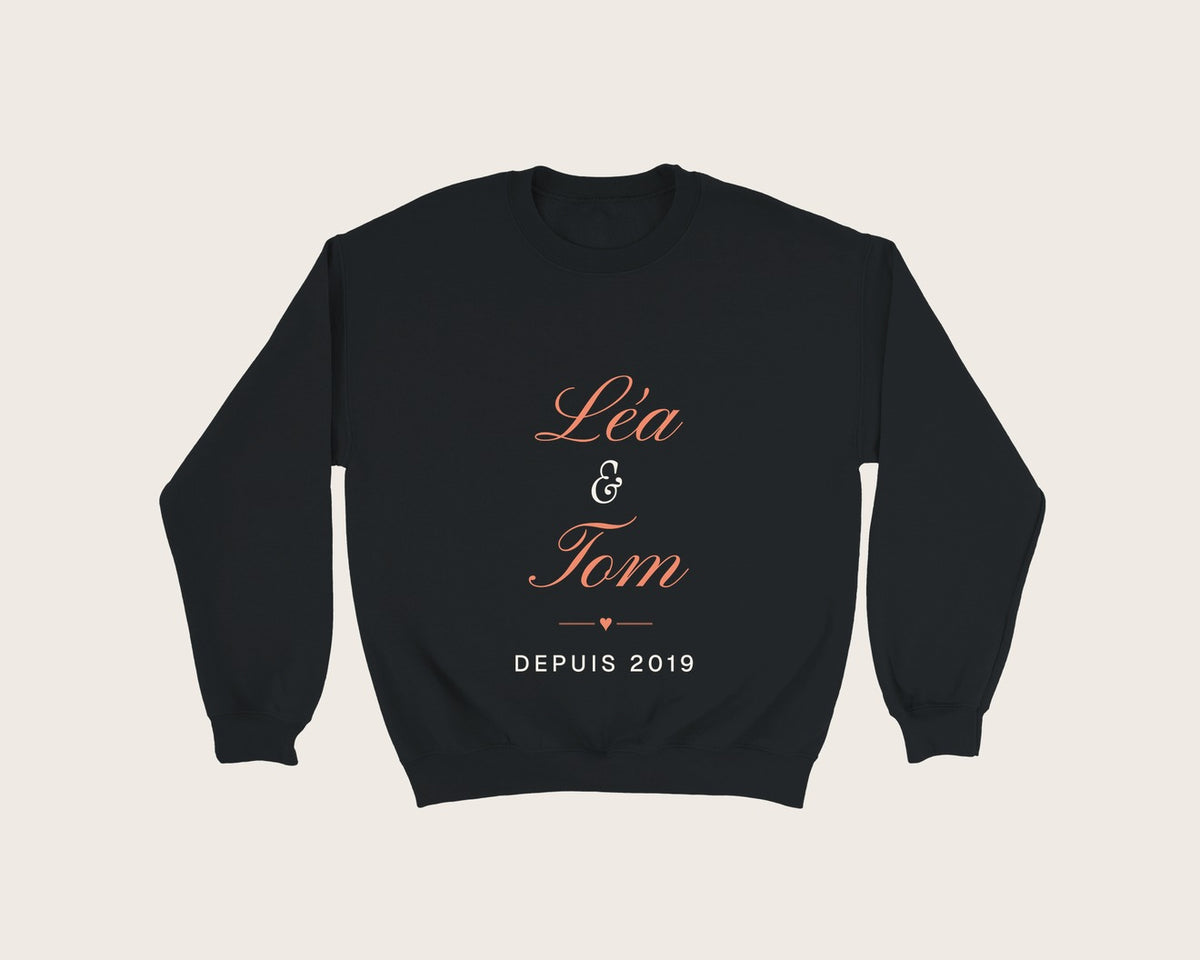 Sweat couple personnalisé avec vos prénoms – sweat col rond noir