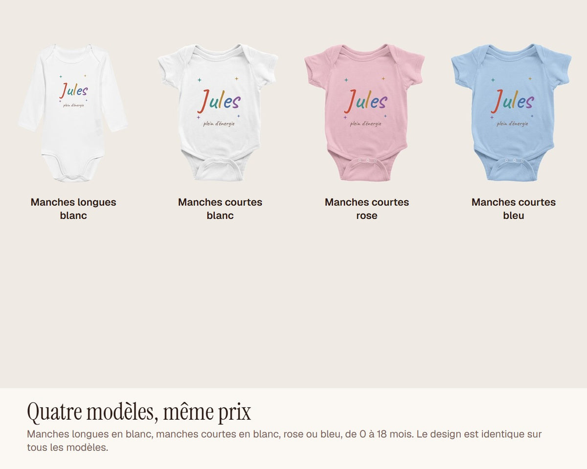Body bébé personnalisé avec son prénom en couleurs – les quatre modèles : manches longues blanc, manches courtes blanc, rose et bleu