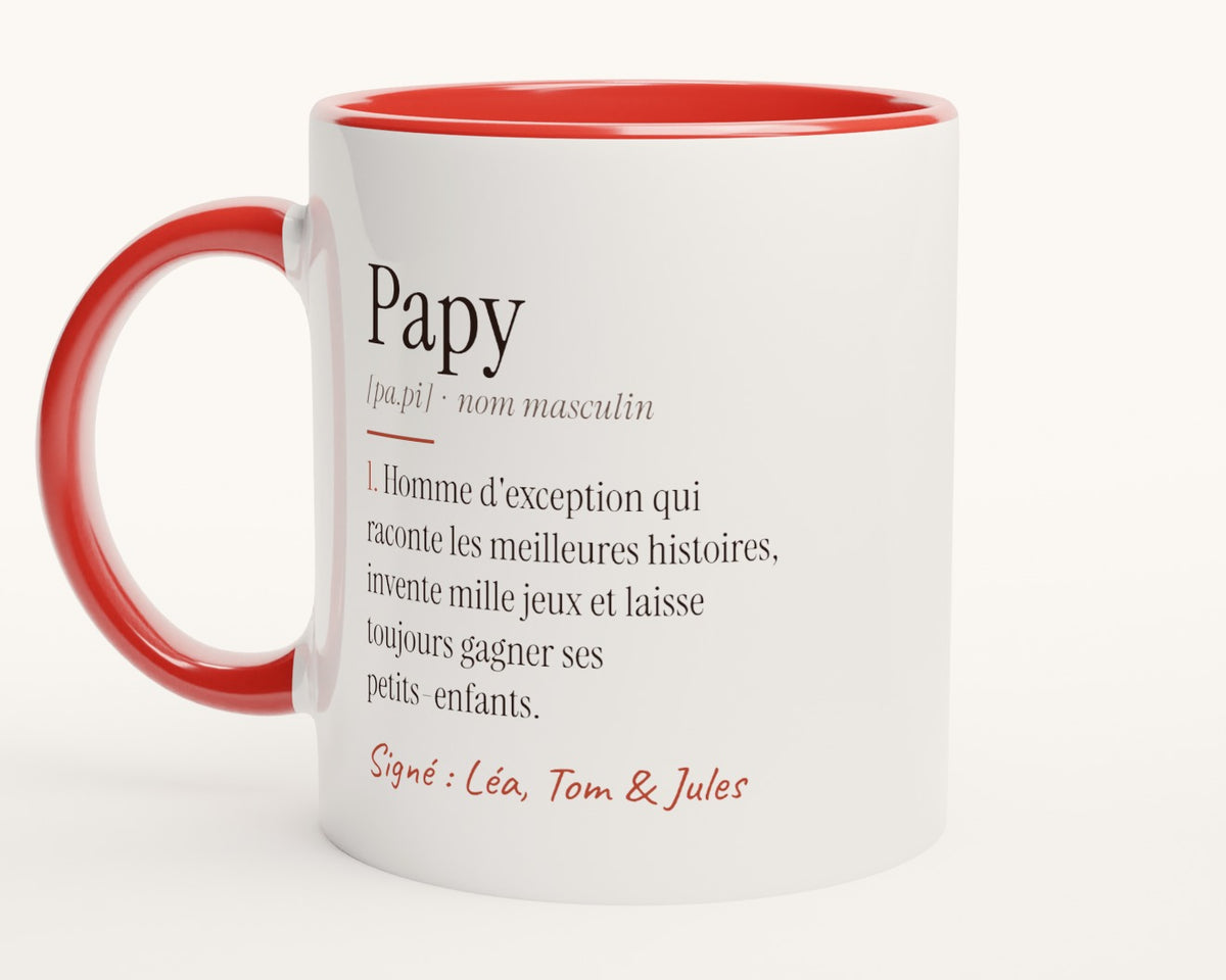 Mug « Définition de Papy » personnalisé – intérieur et anse rouges