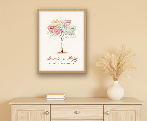 Affiche arbre de famille personnalisée pour les grands-parents – mise en situation, encadrée au mur