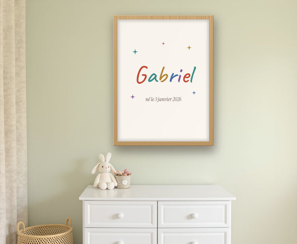 Affiche prénom enfant personnalisée pour la chambre – mise en situation, encadrée au mur