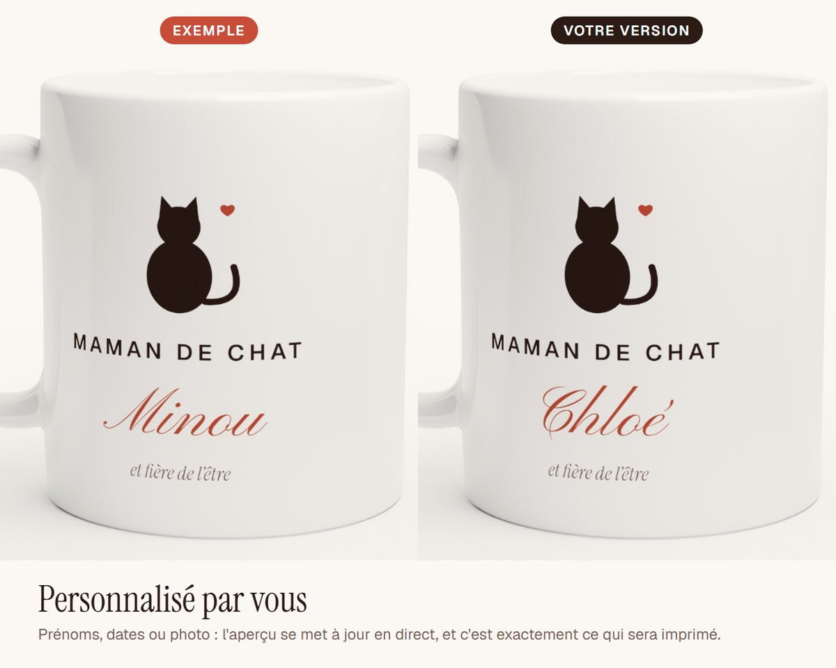 Mug « Maman de chat » personnalisé avec son nom – exemple de personnalisation