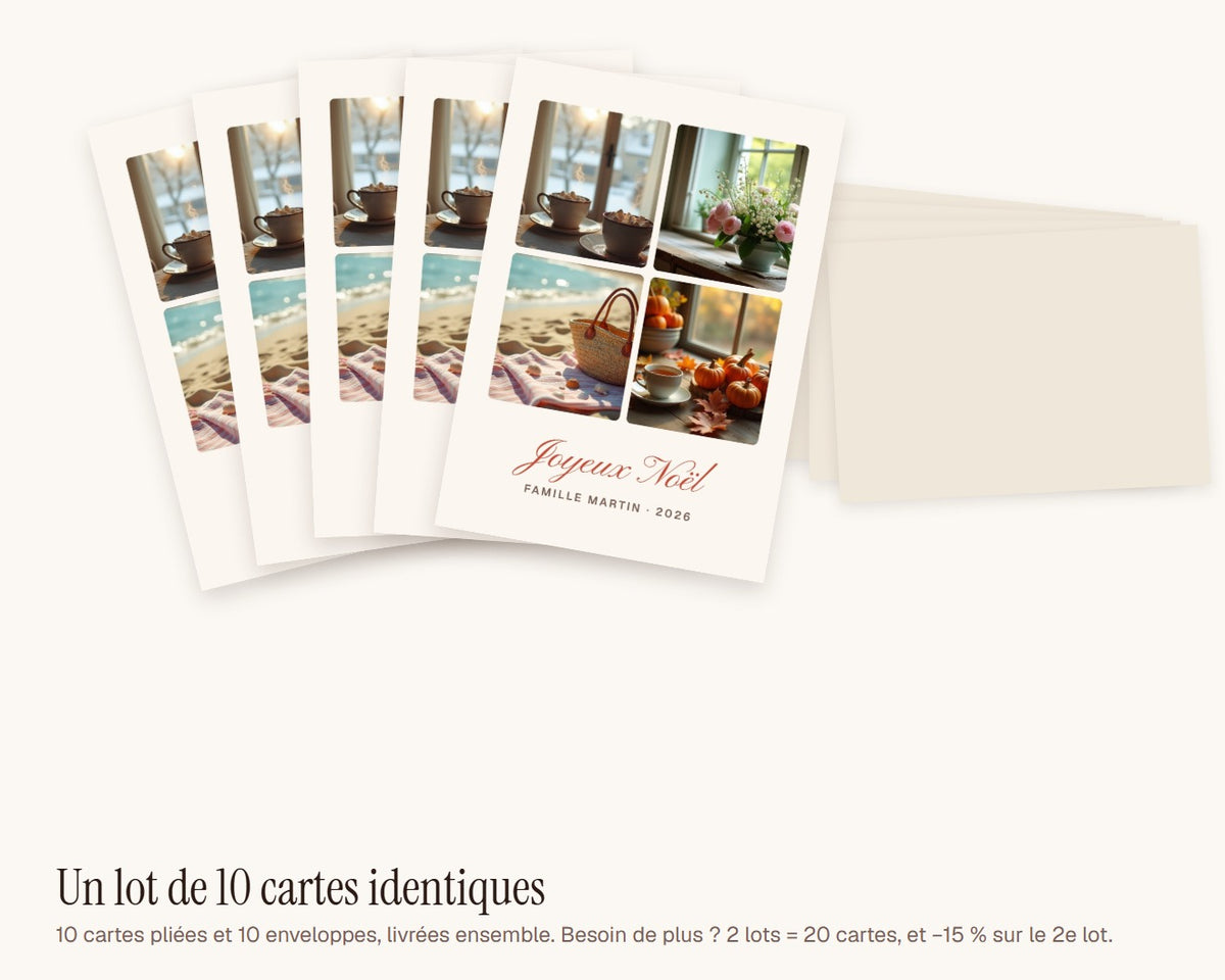 Carte de Noël collage 4 photos personnalisée (lot de 10) – lot de 10 cartes et enveloppes