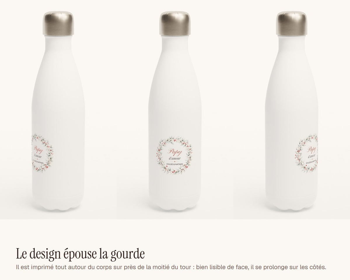 Gourde « Papy d'amour » personnalisée avec les prénoms – le design vu de face et de côté