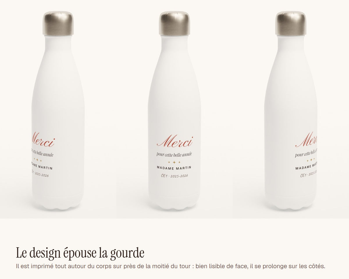 Gourde « Merci » personnalisée pour professeur – le design vu de face et de côté