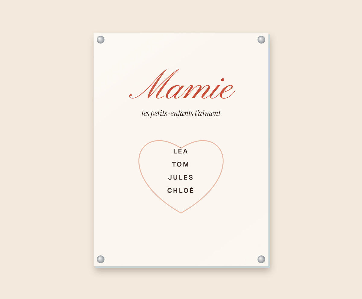 Affiche « Mamie » personnalisée avec les prénoms des petits-enfants – Tableau plexi 30×40 cm