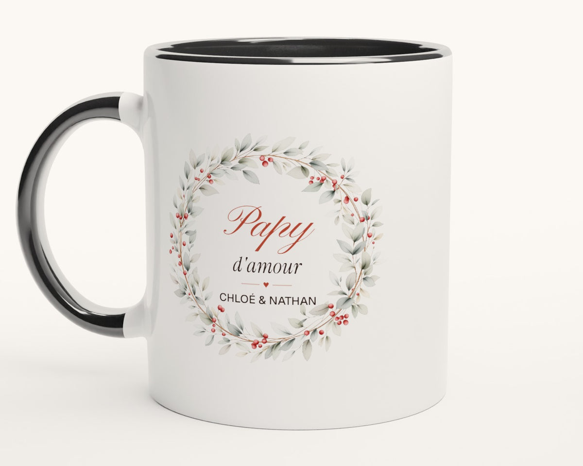 Mug personnalisé « Papy d'amour » avec les prénoms – intérieur et anse noirs