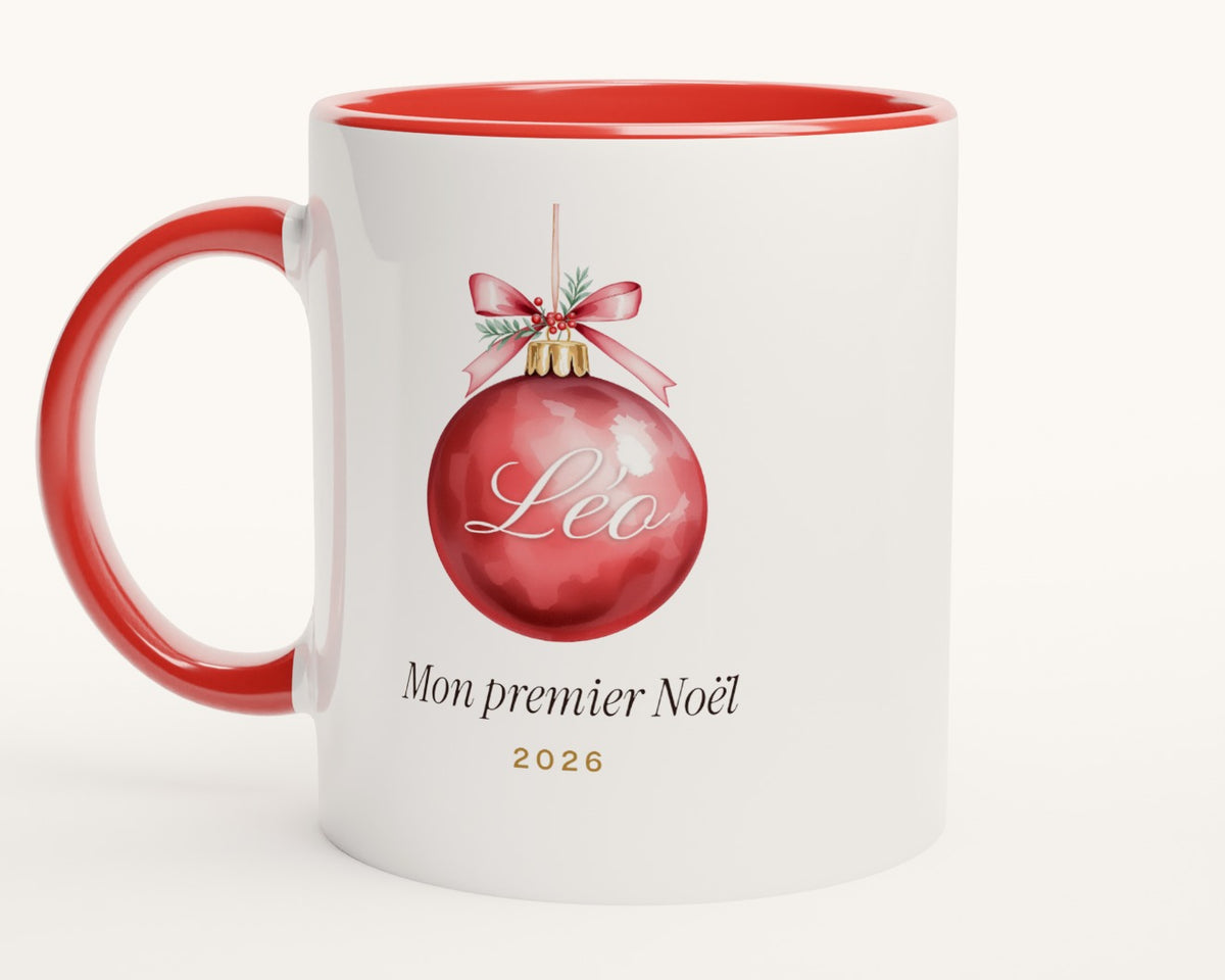 Mug « Mon premier Noël » personnalisé avec prénom – intérieur et anse rouges