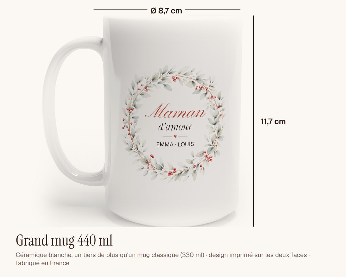 Mug personnalisé « Maman d'amour » avec les prénoms – grand mug 440 ml, 11,7 cm de haut
