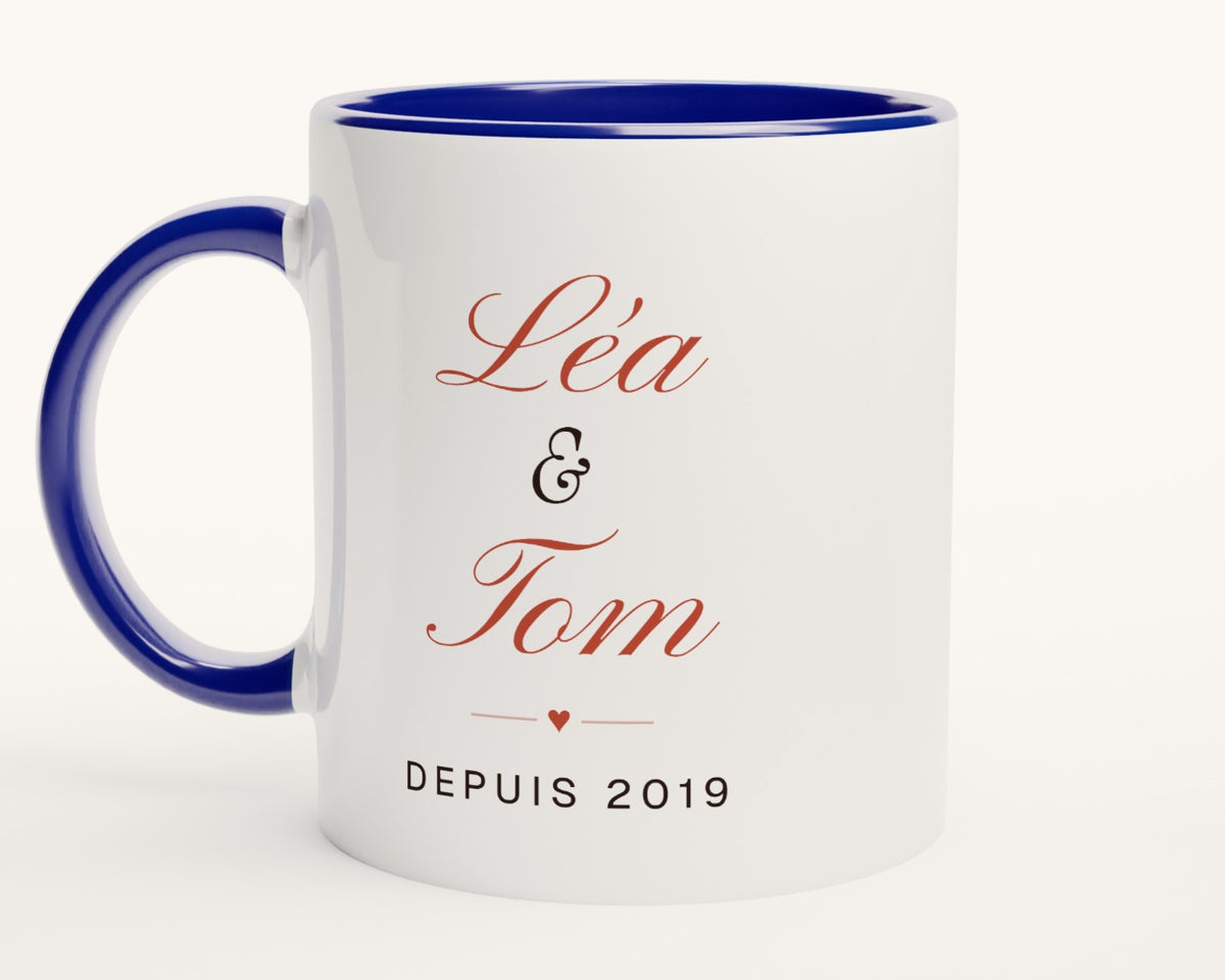 Mug personnalisé couple avec vos deux prénoms – intérieur et anse bleus
