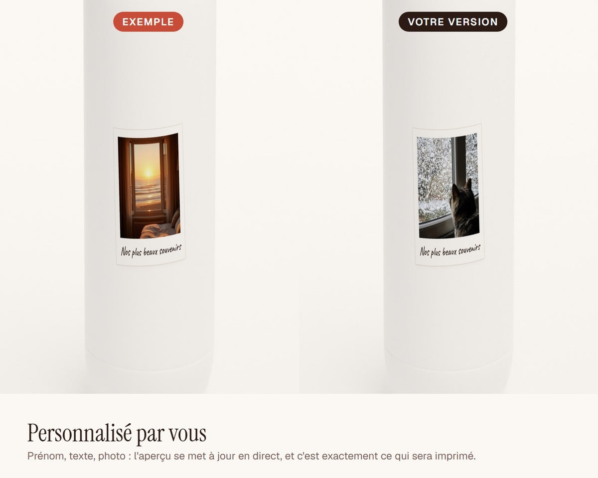 Gourde personnalisée photo façon polaroïd – exemple de personnalisation