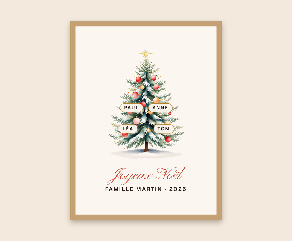 Affiche sapin de Noël de famille personnalisée – Affiche encadrée bois