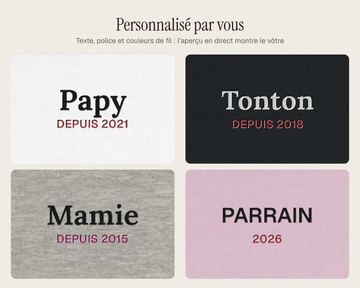 Exemples de personnalisation : Sweat brodé « Papy depuis… » personnalisé