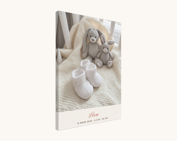 Tableau photo de naissance personnalisé avec prénom, date, poids et taille – toile 45 × 60 cm