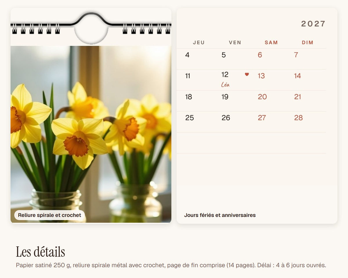 Calendrier 2027 des anniversaires de la famille – reliure spirale, crochet et grille du mois