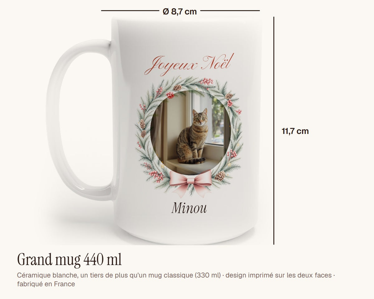 Mug de Noël avec la photo de votre chat – grand mug 440 ml, 11,7 cm de haut